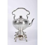 A Teapot with Burner, 950/1000 silver, engraved decoration en guilhoché with family coat of arms,