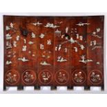A Six-panel Screen, painted chestnut, ivory and mother-of-pearl applications "Oriental landscape