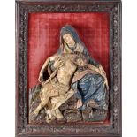 A Pietà, polychrome wooden sculpture en relief, European, 18th C., fault on the veil, faults on