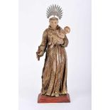 Saint Anthony with the The Child Jesus, polychrome and gilt wood sculpture, silver halo, Spanish,