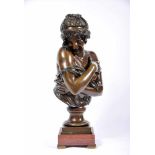 A Lady Bust, patinated bronze sculpture, marble and bronze base, French, 19th C. (2nd half),