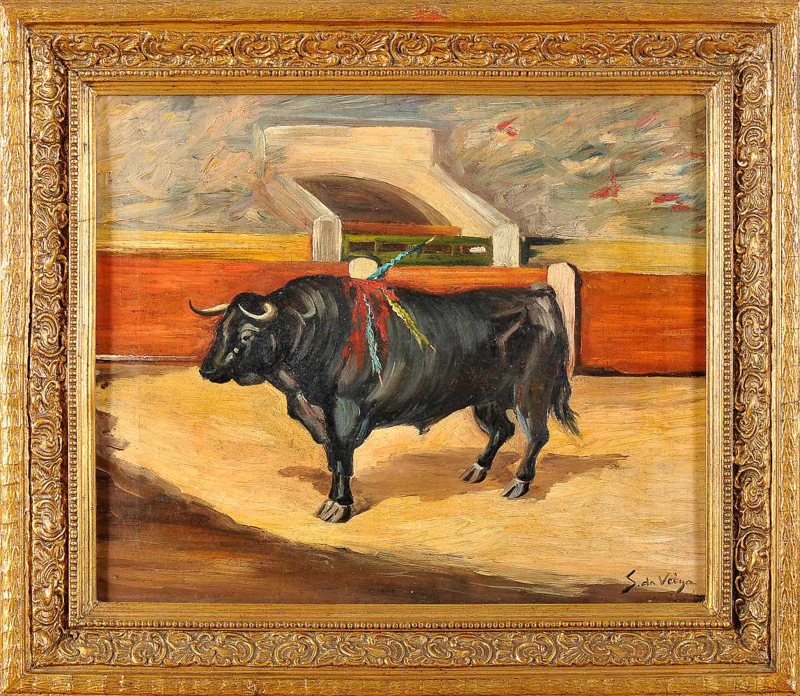 SIMÃO DA VEIGA - 1879-1963, A Bull in the Bullring, oil on canvas, signed, Dim. - 38 x 46 cm- - -