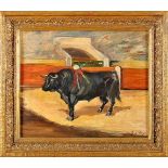 SIMÃO DA VEIGA - 1879-1963, A Bull in the Bullring, oil on canvas, signed, Dim. - 38 x 46 cm- - -
