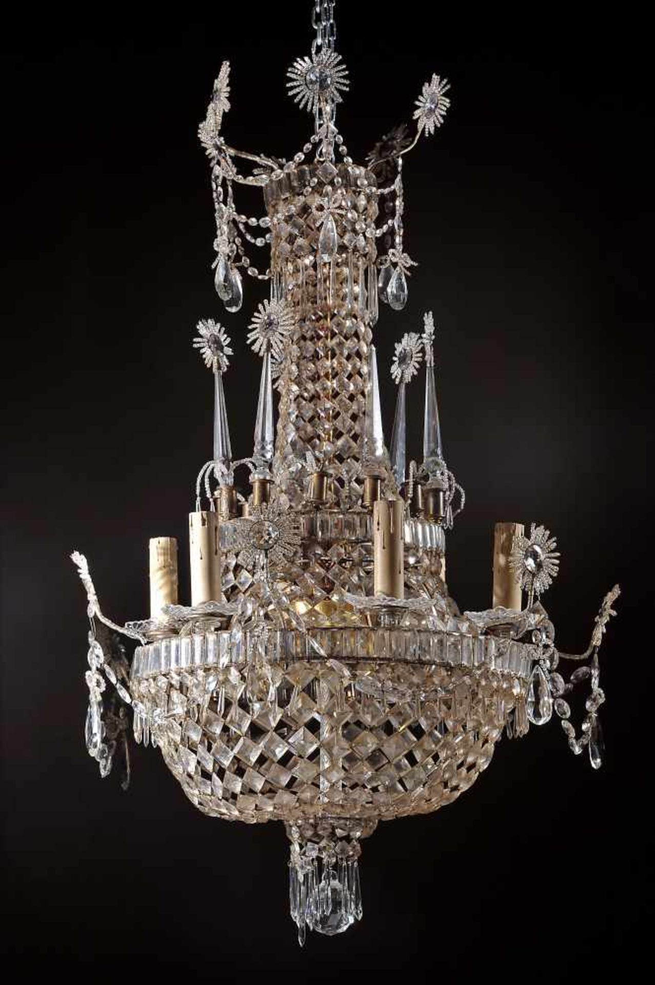 A Bag Chandelier, D. Maria I (Queen of Portugal) style, metal structure, glass pendants, Portuguese,