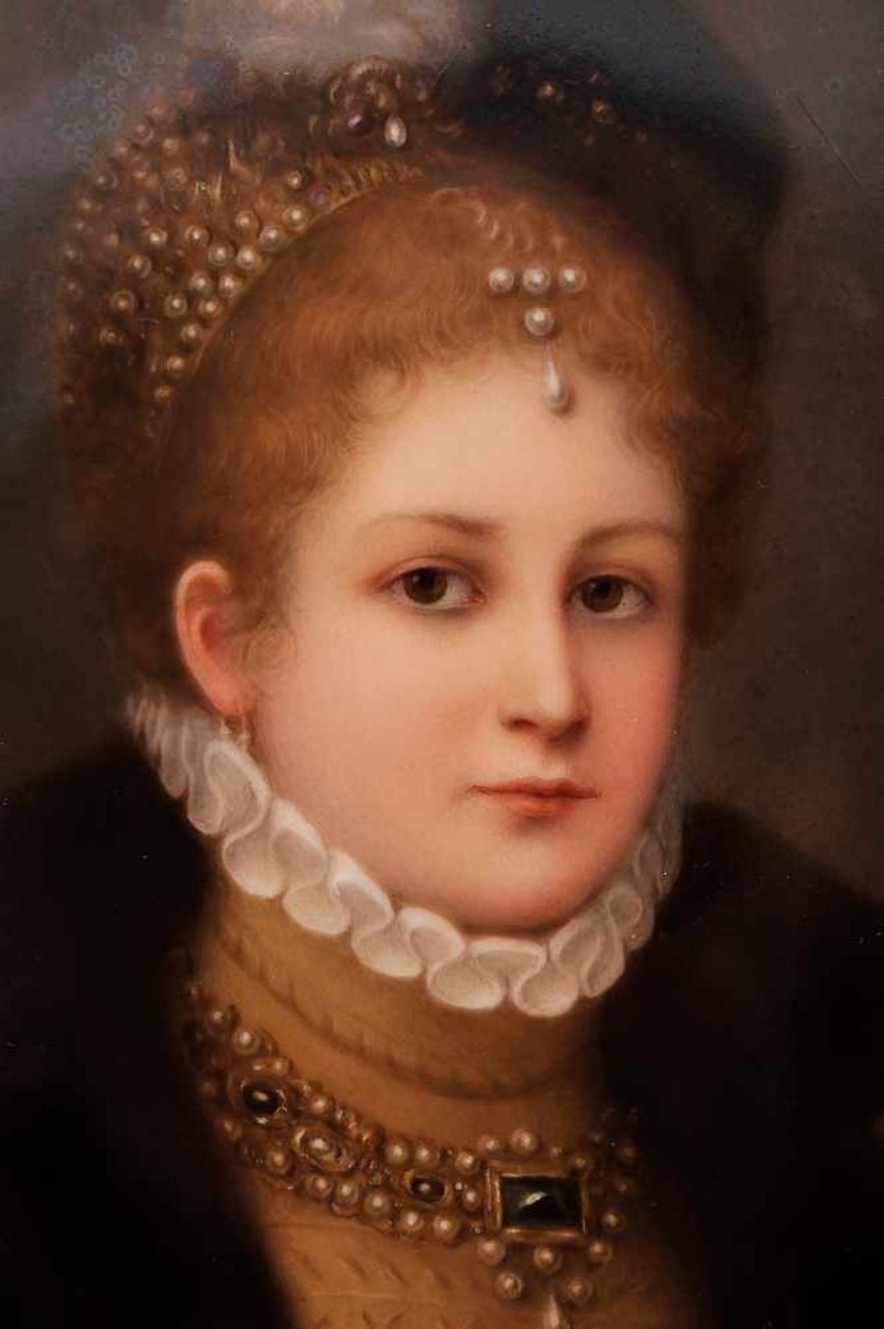 Portrait of a Lady, painted KPM porcelain plaque, polychrome decoration, German, 19th C. (2nd half), - Bild 2 aus 4