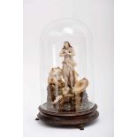 Saint Emmanuel, gilt alabaster sculpture on carved wooden base, glass bell jar on Brazilian rosewood