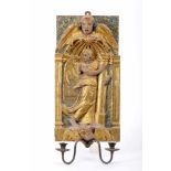 An Angel holding a Column and Cherubim, carved, painted and gilt wooden altarpiece, Spanish, 17th