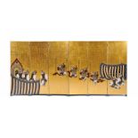 A Six-panel Screen, darkened and gold-coated wood with polychrome painting "Japanese figures dancing