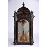 An Oratory with Calvary - "Christ Crucified, Our Lady and St. John", carved Brazilian rosewood,