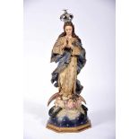 Our Lady of The Immaculate Conception, polychrome and gilt wood sculpture, glass eyes, silver crown,