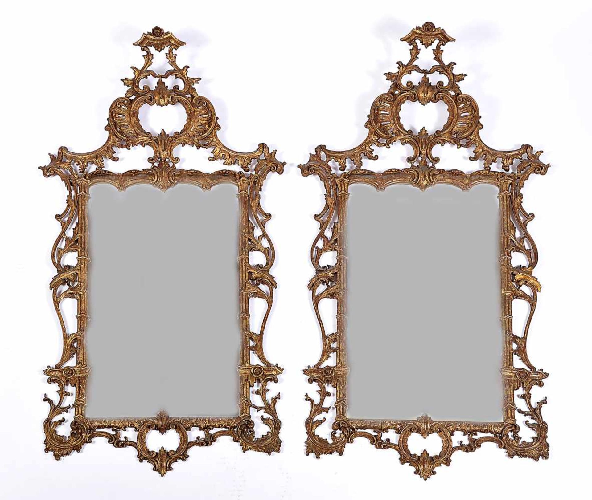 A Pair of Mirrors, George II (1726-1760), carved, pierced and gilt wood frames, English, faults on