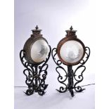 A Pair of Lanterns, copper and iron framework, frosted and cut glass "Flower", European, 20th C.,
