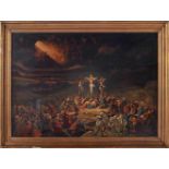 Jesus Crucifixion on Mount Calvary, oil on canvas, Italian school, 19th/20th C., old restorations,