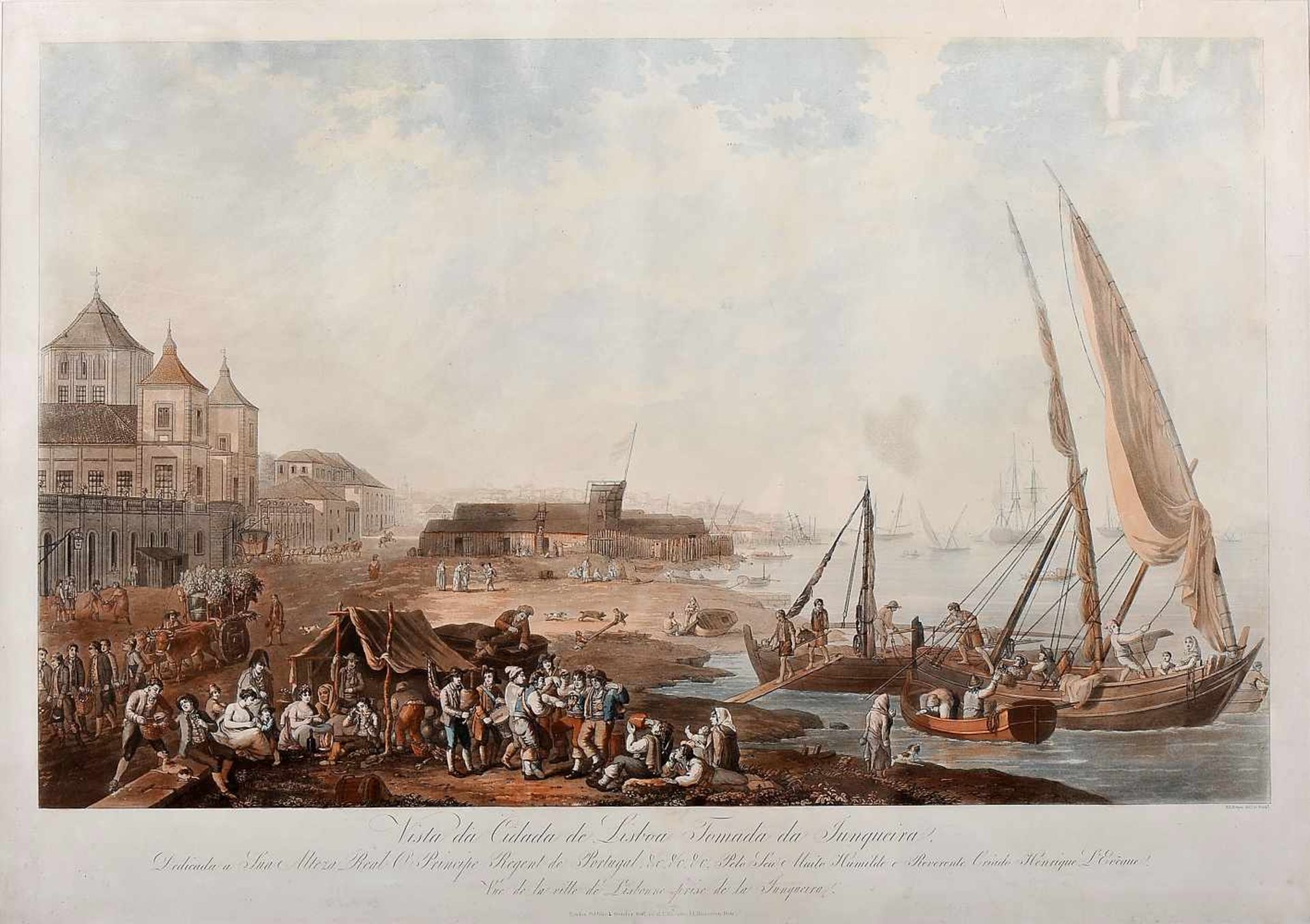 HENRY L'EVÊQUE - 1769-1832, "Vista da Cidade de Lisboa tomada da Junqueira", coloured engraving on - Bild 2 aus 2