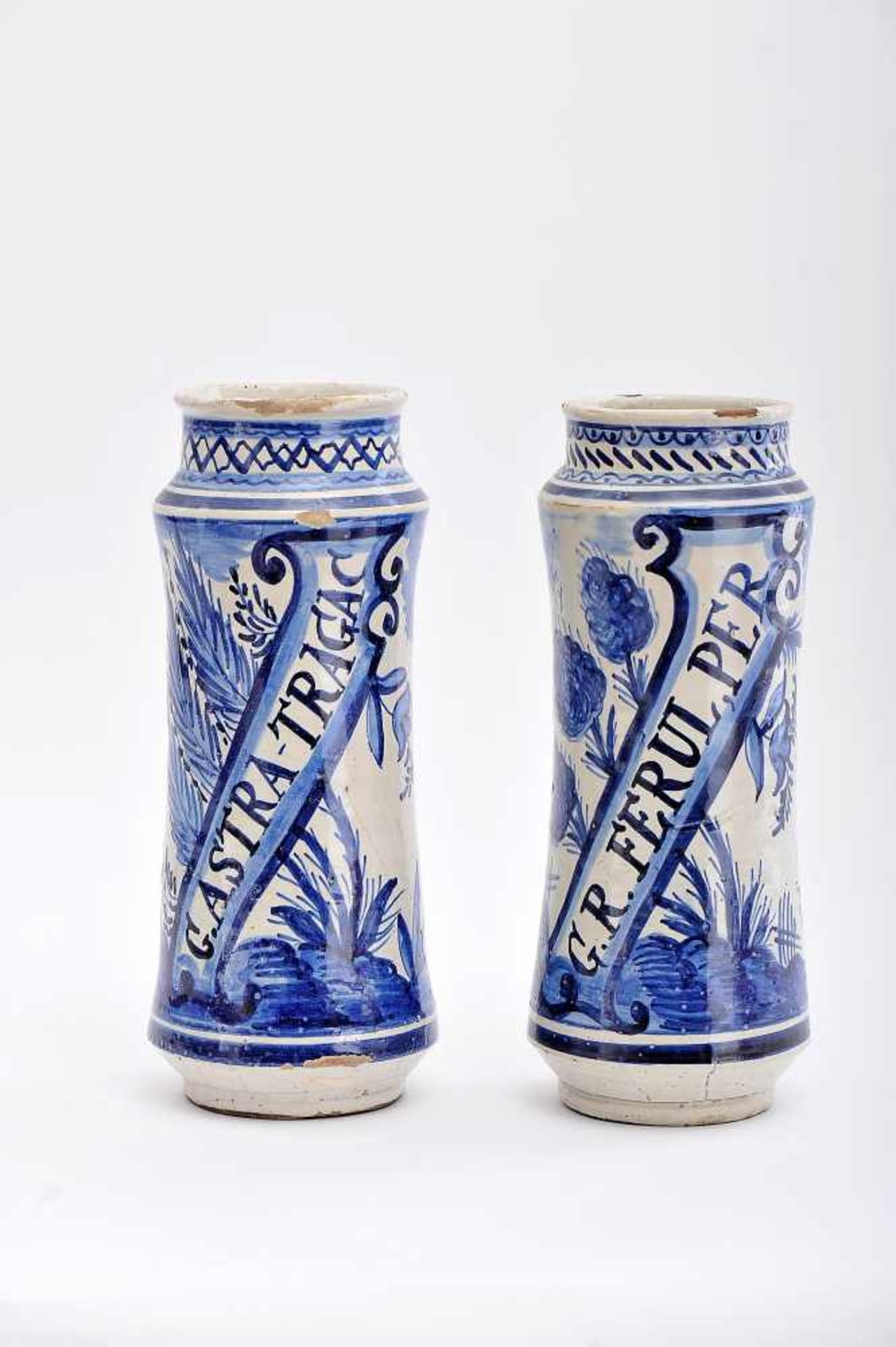 A Pair of Pharmacy Pots, faience, blue decoration "Landscape with walker" and "Landscape with