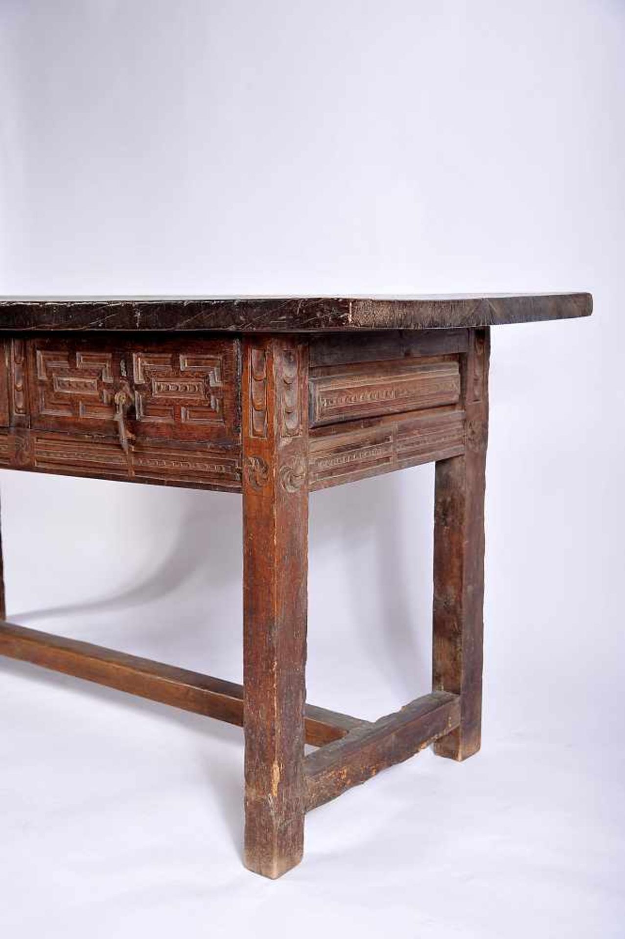 A Large Table, rustic, carved chestnut, iron handles, Portuguese, 17th. C., traces of wood - Bild 2 aus 2