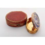 A Snuff Box, gold, guilloche decoration, application of polychrome enamels, centre reproducing the