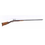 A Two-barrel Flintlock Shotgun, wood, iron, brass and bone, long barrel with engravings on the