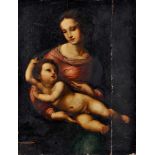 Our Lady with the Child Jesus, oil on wood, Italian school, 19th C., wide glued crack at full height