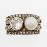 Old-cut diamond and pearl ring - montatura in oro bianco 750/1000 -