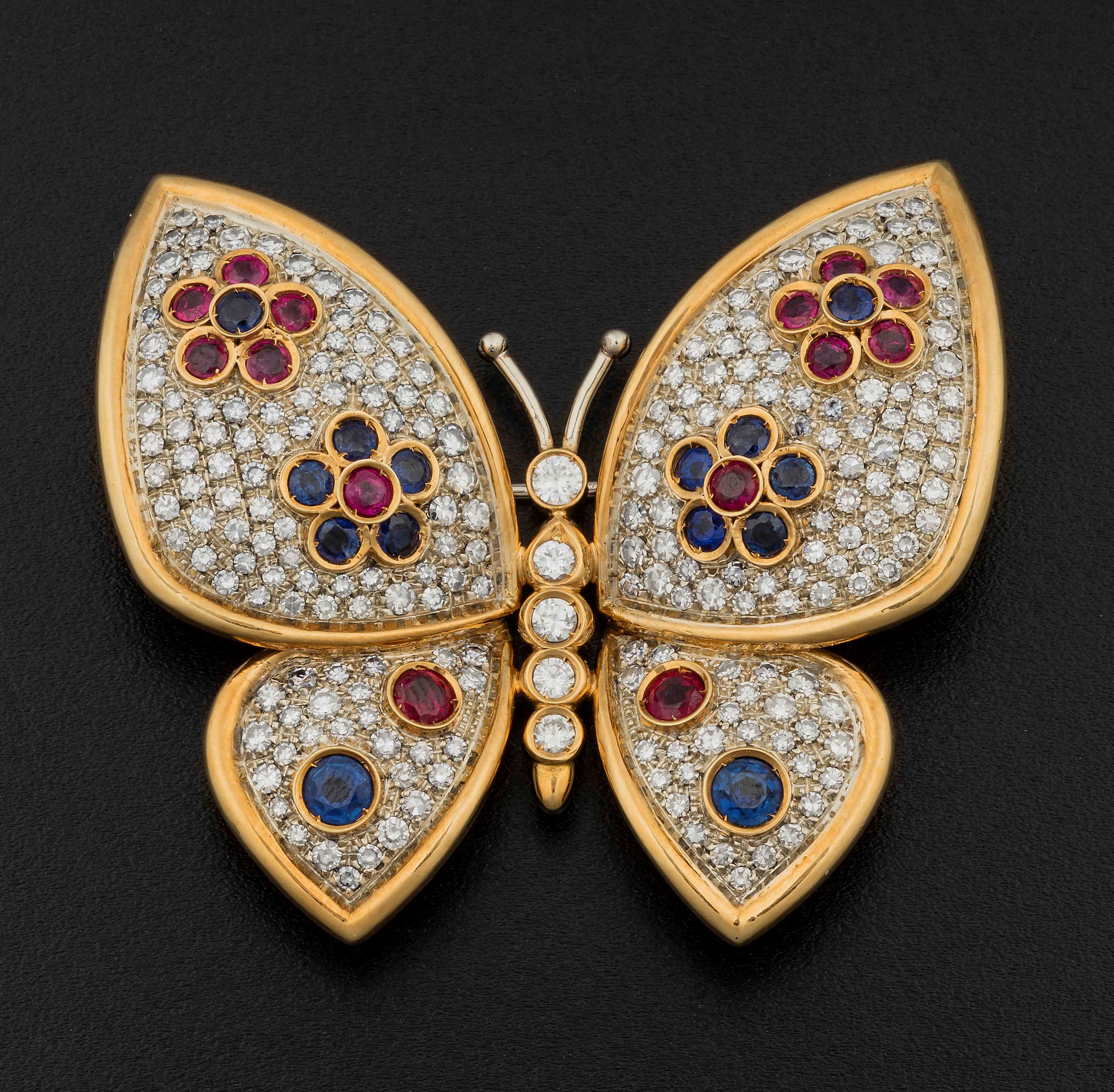 Diamond, sapphire and ruby brooch - montatura in oro giallo ed oro bianco 750/1000 -