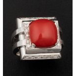 Coral and diamond ring - montatura in oro bianco 750/1000 -