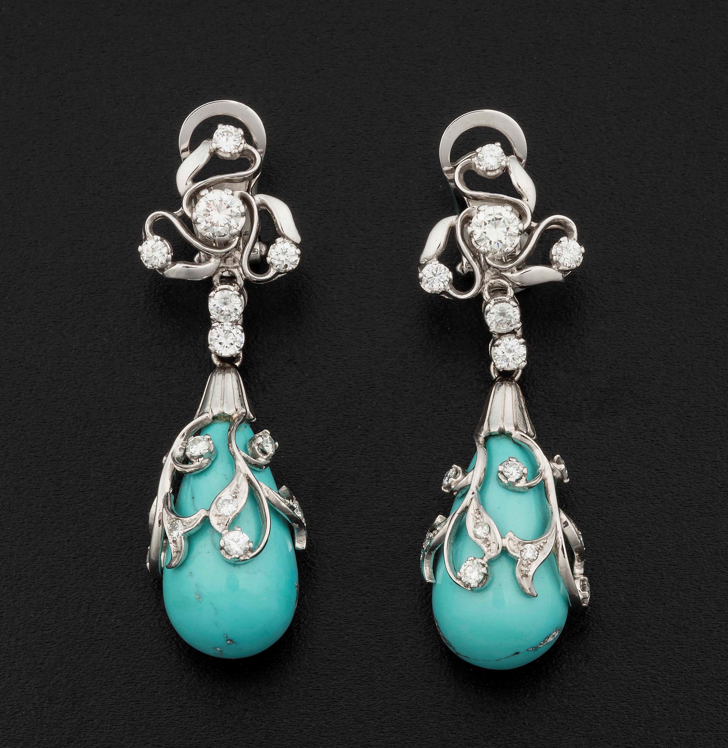 Pair of turquoise and diamond earrings - montatura in oro bianco 750/1000 -