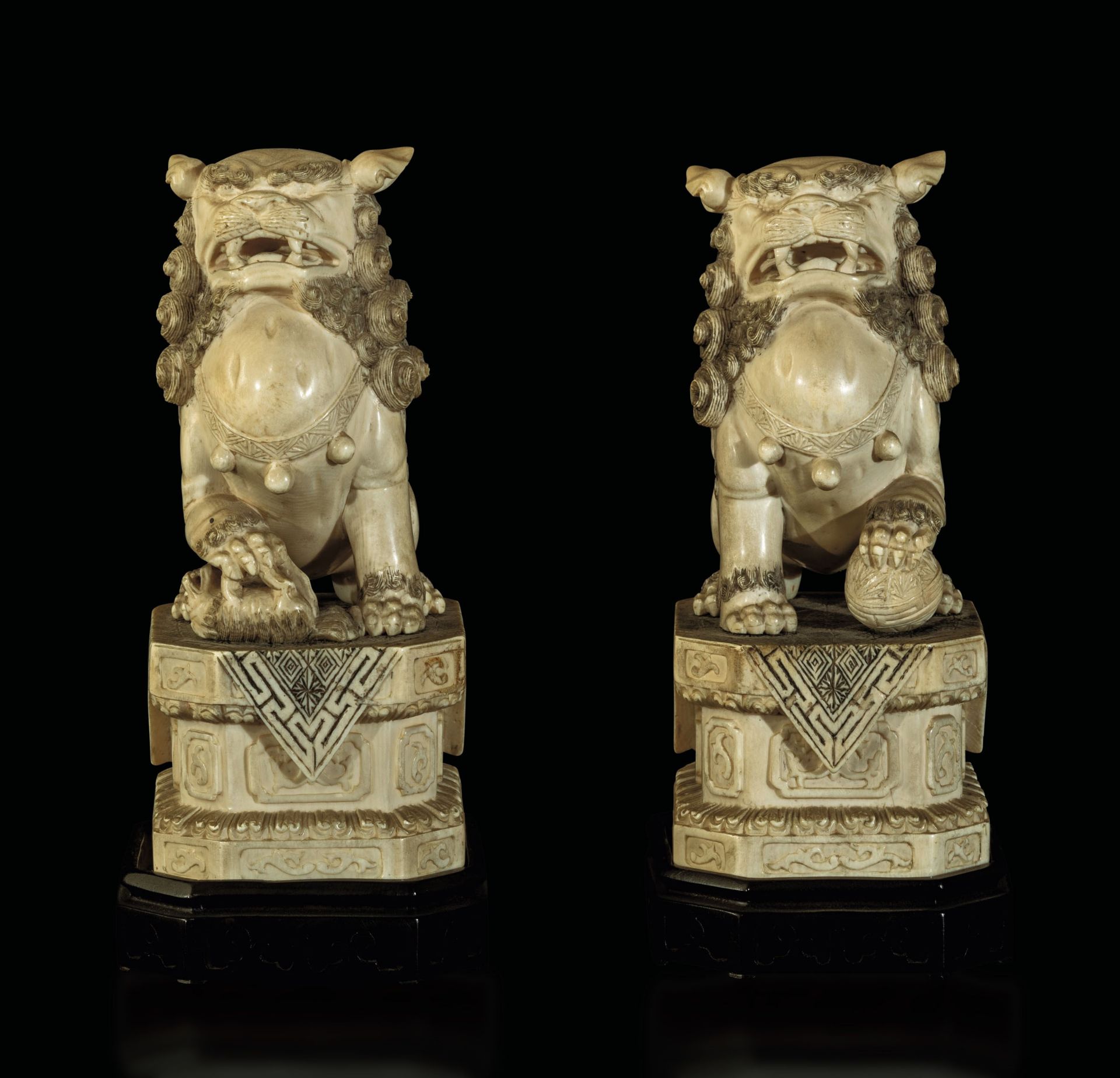 Two ivory Pho dogs, China, early 20th century - H 18.5cm -