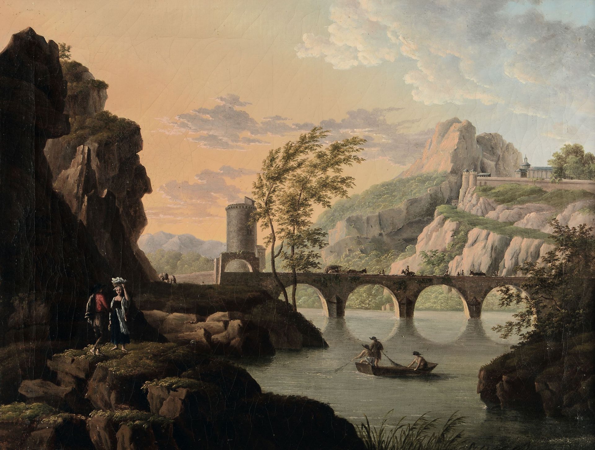 Scuola francese della fine del XVIII secolo, Paesaggio italiano con ponte e viandanti [...]
