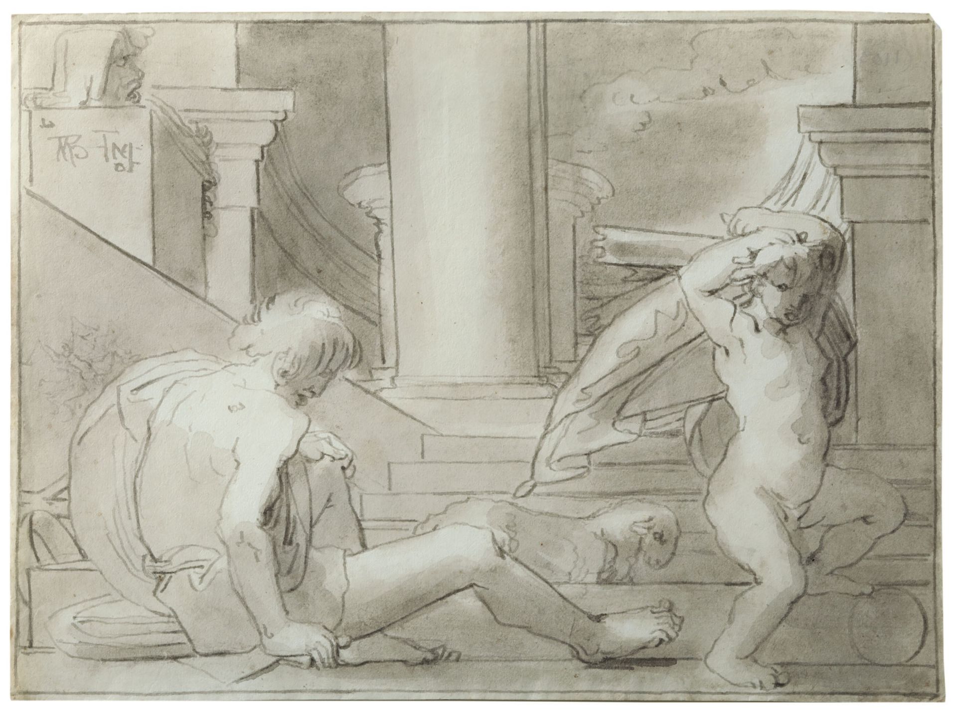 Fortunato Duranti (1787-1863), Due figure in un tempio - inchiostro su carta, mm [...]