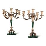 Two silver candle holders, Florence, late 1900s - Gilt silver and malachite. [...]