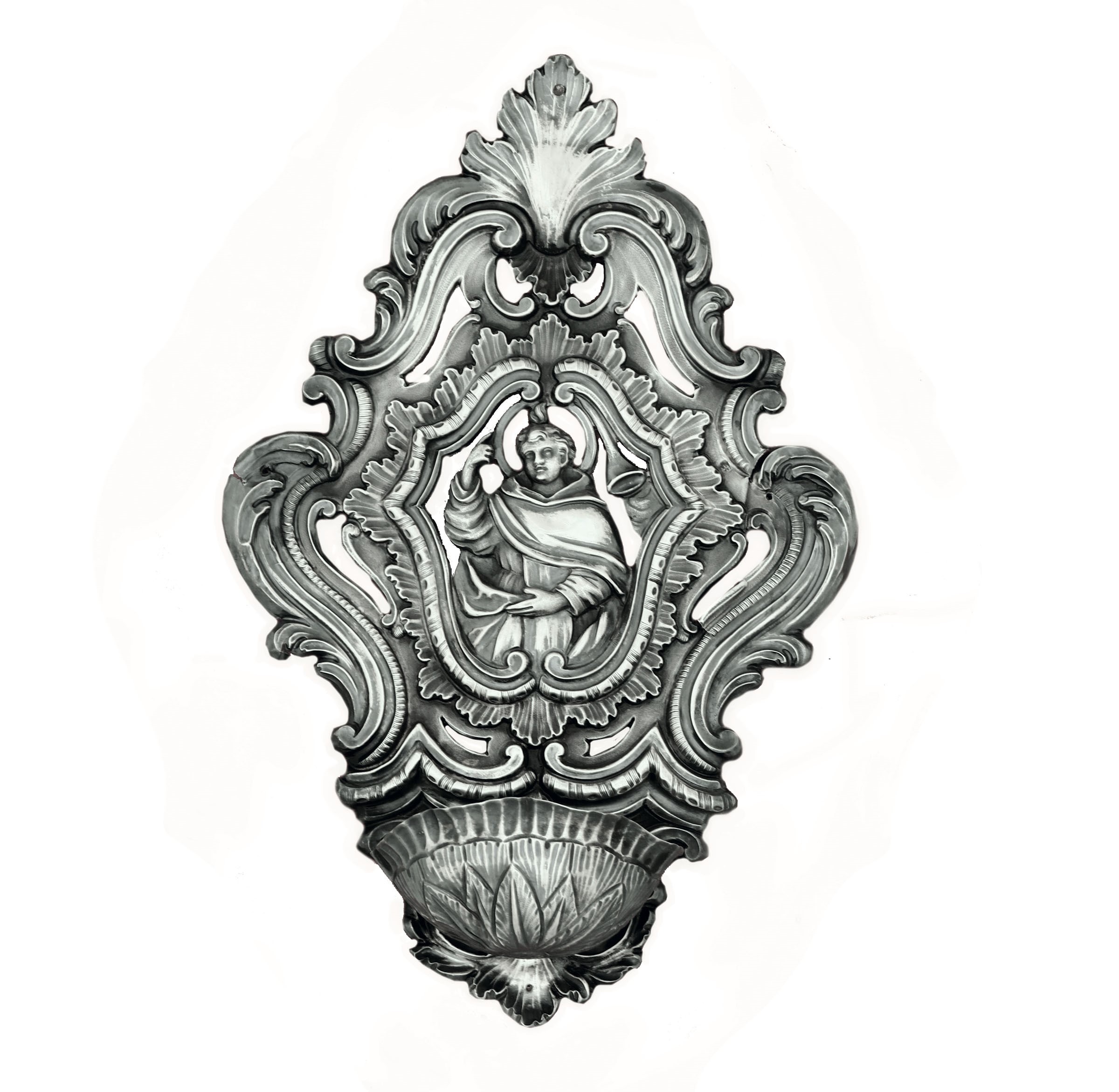 A silver holy water font, Genoa, 1700s - Embossed and chiselled silver. Undated [...]