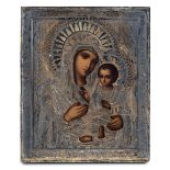 A silver-plated icon, 1800s - Depicting the Madonna with Child. 27x21cm -