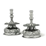 Two silver candle holders, Genoa, 1742 - Molten, embossed and chiselled silver. H [...]