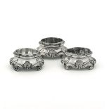 Three silver salt bowls, Genoa, 1700s - Molten, embossed and chiselled silver. 200gr, [...]