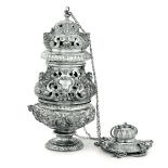 A silver thurible, Naples, 173.. - Molten, embossed, chiselled and perforated silver. [...]