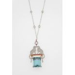 Aquamarine, diamond and ruby pendant - montatura in oro bianco ed oro giallo 750/1000 -