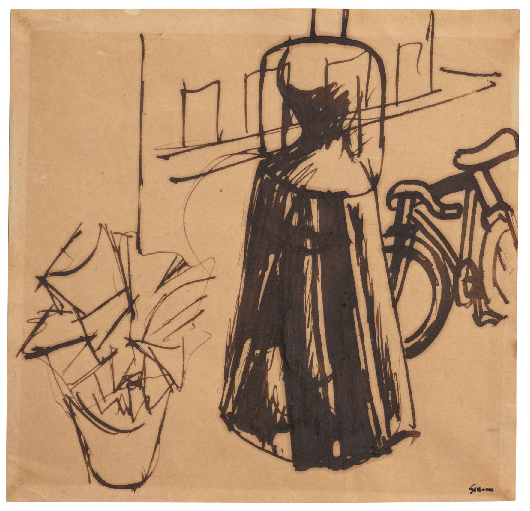 M. Sironi, Figura femminile con casa, bicicletta e pianta, 1919