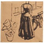 M. Sironi, Figura femminile con casa, bicicletta e pianta, 1919