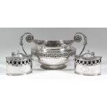 A George III silver circular two-handled sugar basin with bead mounts, cast with band of flowerheads