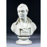 A mid 19th Century Parian ware bust of Robert Burns after F.W. Wyon, on turned socle base, 14ins