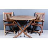 A teak circular garden table with slatted top, 43ins diameter, and two teak folding garden chairs