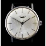 A gentleman's Longines stainless steel cased wristwatch, the silver dial with chrome baton numerals,