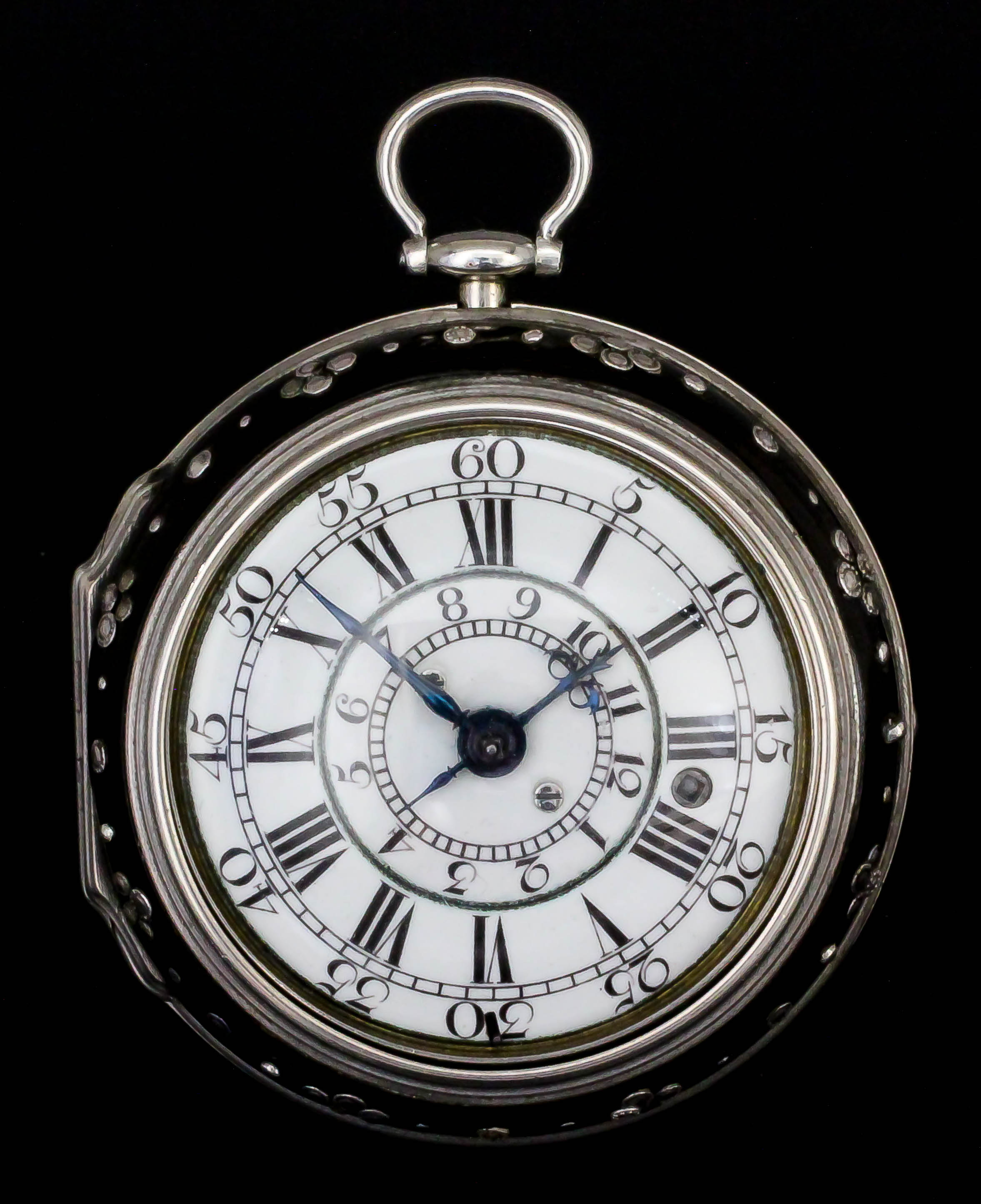 A good mid 18th Century silver and tortoise shell pair cased verge pocket watch with alarum by