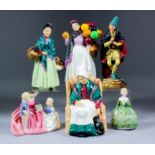 Six Royal Doulton bone china figures - "The Orange Lady" (HN1953), 8.5ins high, "The Pied Piper" (