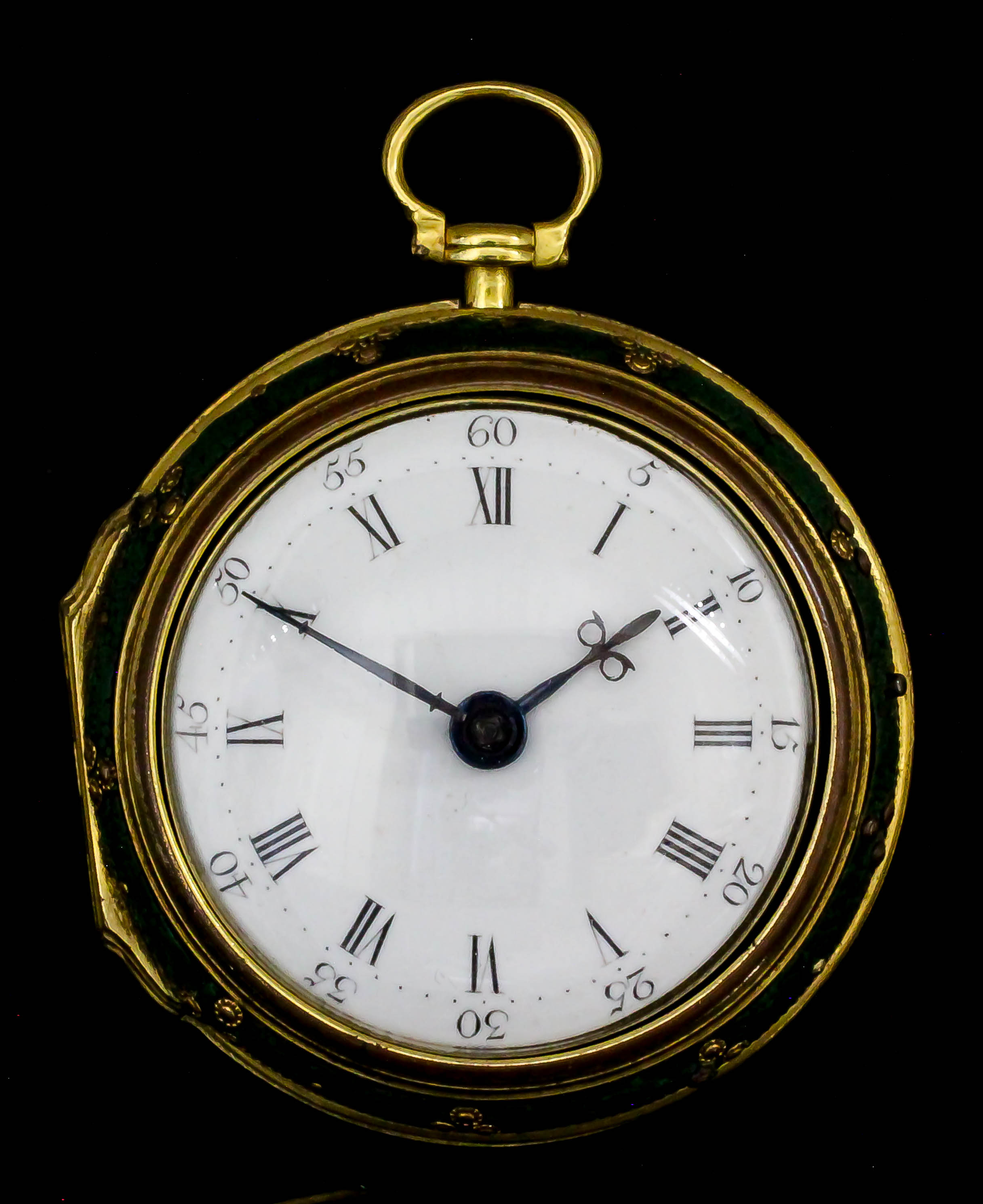 A George III gilt metal and green shagreen covered pair cased verge pocket watch by Thomas Hemings