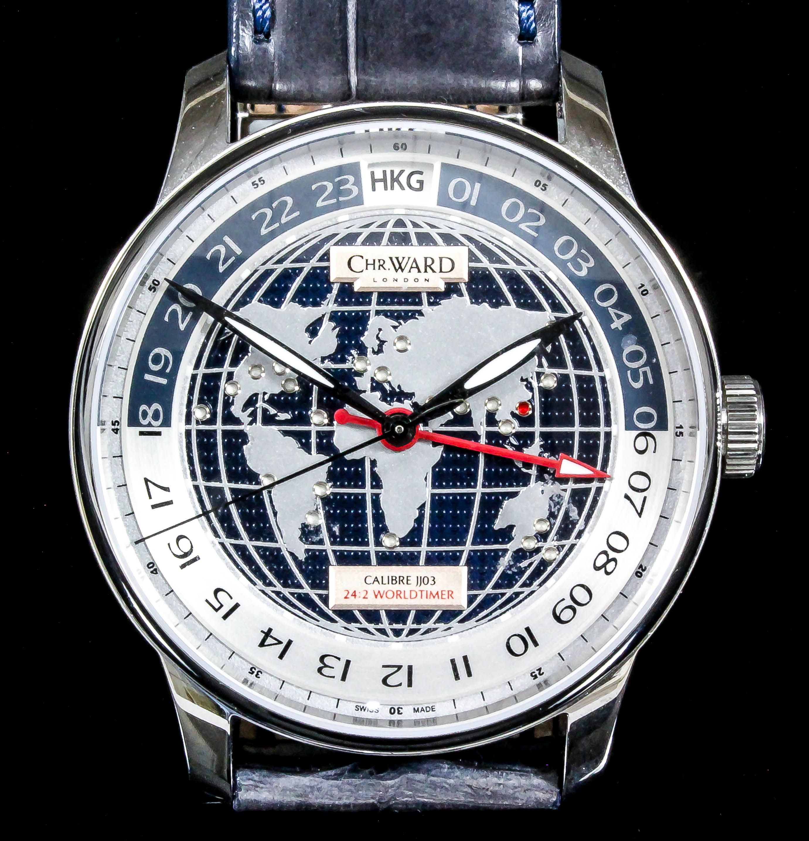 A gentleman's automatic "C900 World Time" wristwatch by Christopher Ward, the silver and blue dial