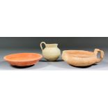 Three pottery antiquities - Roman Samian ware dish, 6.5ins diameter, Roman North African single