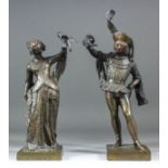 Late 19th Century French school - Pair of brown patinated bronze figures of a man and woman in