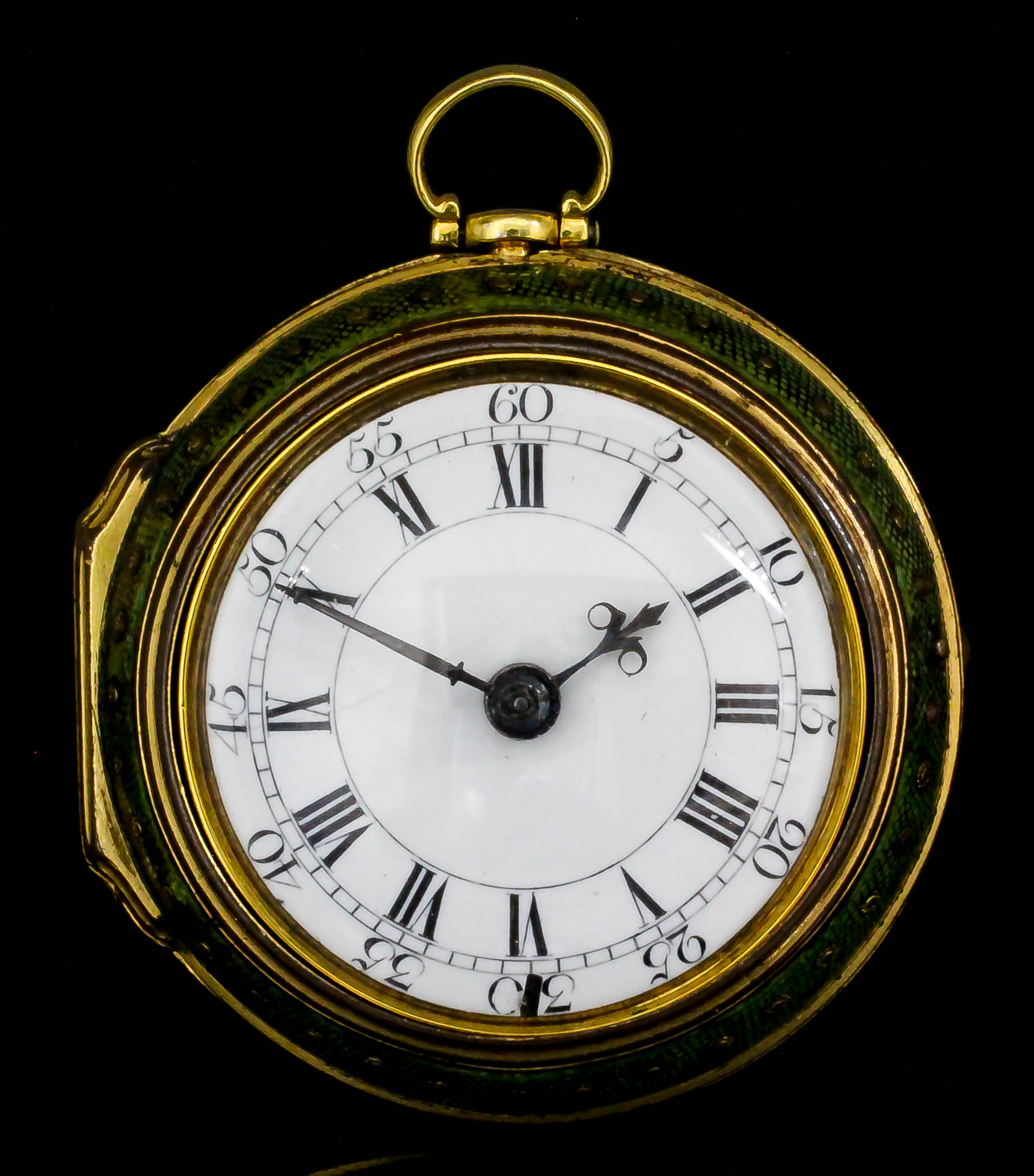 A mid 18th Century gilt metal and green shagreen covered pair cased verge pocket watch by Robert